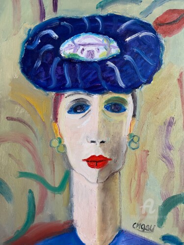 Painting titled ""Melle Rose au chap…" by Claire Marie Gay, Original Artwork, Oil Mounted on Wood Panel