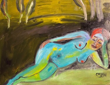 Painting titled ""L'odalisque du lac"" by Claire Marie Gay, Original Artwork, Oil Mounted on Wood Panel