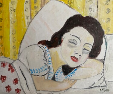 Malerei mit dem Titel ""Dans ses rêves"" von Claire Marie Gay, Original-Kunstwerk, Öl Auf Holzplatte montiert