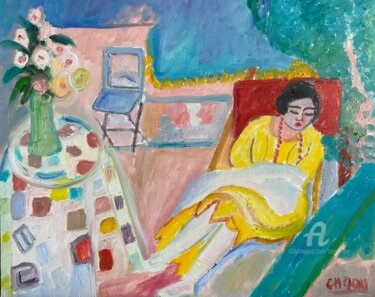 Schilderij getiteld ""Une sieste paisibl…" door Claire Marie Gay, Origineel Kunstwerk, Olie Gemonteerd op Houten paneel
