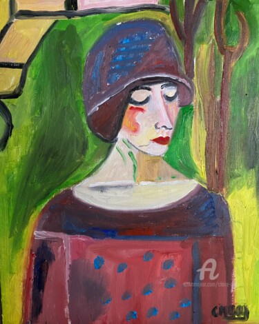 Painting titled ""Birgit au jardin'" by Claire Marie Gay, Original Artwork, Oil Mounted on Wood Panel