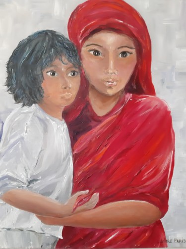 Peinture intitulée "Indienne  et son fi…" par Clayre Paris, Œuvre d'art originale, Huile