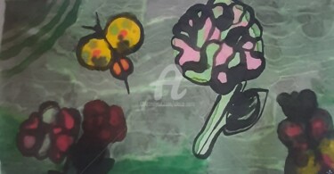 Pintura intitulada "Fleurs et papillons…" por Claire Nora, Obras de arte originais, Tinta