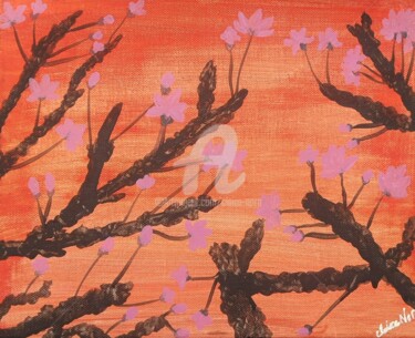 Pintura titulada "Cerisiers sur fond…" por Claire Nora, Obra de arte original, Acrílico Montado en Bastidor de camilla de ma…