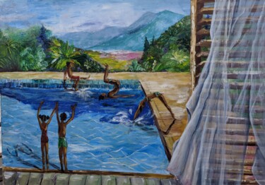 Painting titled "La piscine" by Claire Richelme, Original Artwork, Acrylic