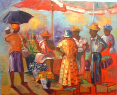Peinture intitulée "Marché parasols" par Claire Richelme, Œuvre d'art originale