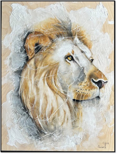 Painting titled "Rebel Lion" by Claire Savard, Original Artwork, Pastel Mounted on Wood Panel