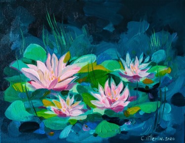 Malerei mit dem Titel "Quatre Lotus" von Claire Villemin, Original-Kunstwerk, Öl
