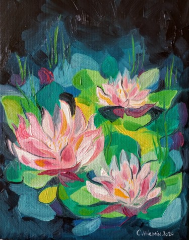 Pittura intitolato "Trois lotus" da Claire Villemin, Opera d'arte originale, Olio