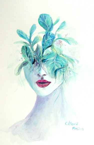 Malerei mit dem Titel "Femme pot de fleur" von Claire Villemin, Original-Kunstwerk, Aquarell