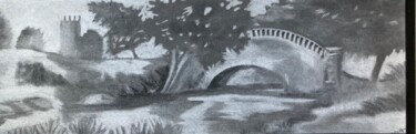 Рисунок под названием "Le pont sur la rivi…" - Claire Badia, Подлинное произведение искусства, Древесный уголь