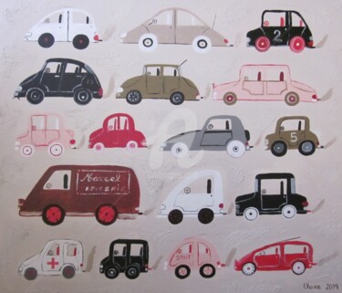 Painting titled "LES AUTOMOBILES" by Claire, Original Artwork, Acrylic Mounted on Wood Stretcher frame