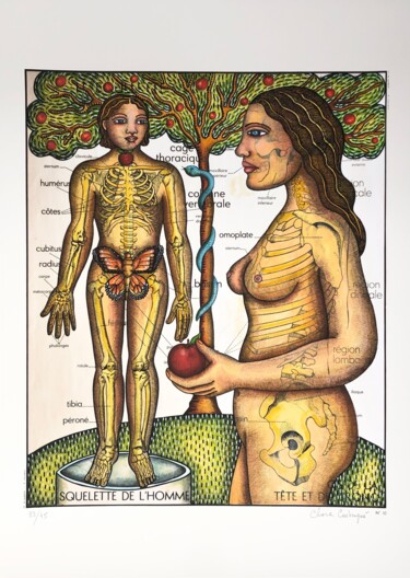 Druckgrafik mit dem Titel "Adam, Eve et la pom…" von Clara Castagné, Original-Kunstwerk, Digitaldruck