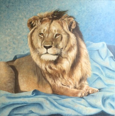 Painting titled "Il leone cioffy" by Clara Golinelli, Original Artwork, Oil Mounted on Wood Stretcher frame
