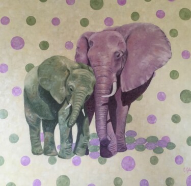 제목이 "Elefanti a pois"인 미술작품 Clara Golinelli로, 원작, 기름 나무 들것 프레임에 장착됨