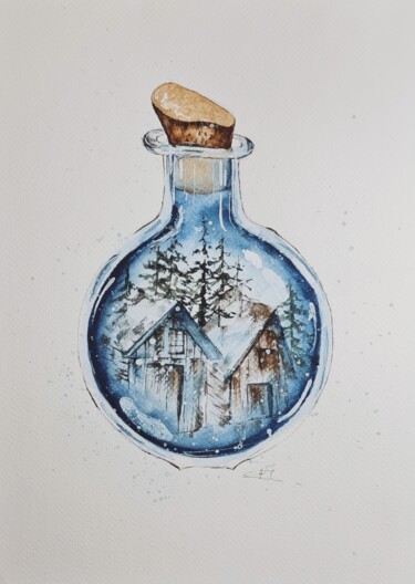 Pintura intitulada "Glass Bottle - Orig…" por Clara Monnerot (L'Atelier Clara Del Sol), Obras de arte originais, Aquarela