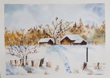 Malarstwo zatytułowany „Winter Landscape -…” autorstwa Clara Monnerot (L'Atelier Clara Del Sol), Oryginalna praca, Akwarela