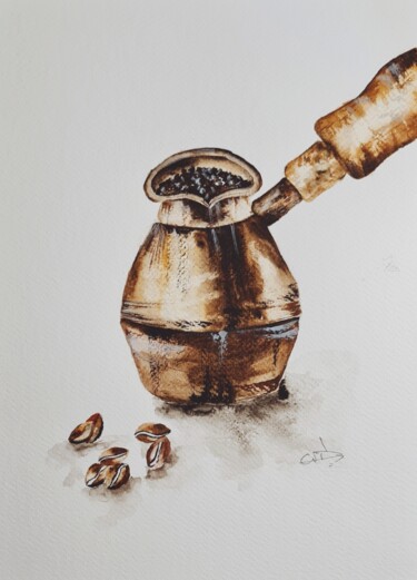 Pintura intitulada "Turkish Coffee Pot…" por Clara Monnerot (L'Atelier Clara Del Sol), Obras de arte originais, Aquarela