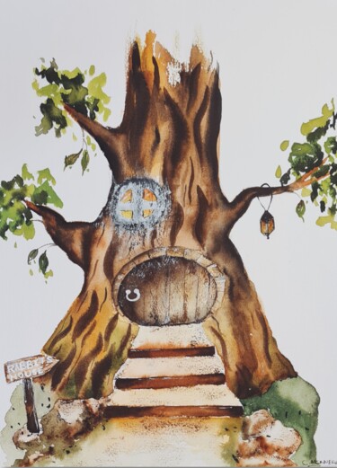 Schilderij getiteld "Rabbit's House - Or…" door Clara Monnerot (L'Atelier Clara Del Sol), Origineel Kunstwerk, Aquarel