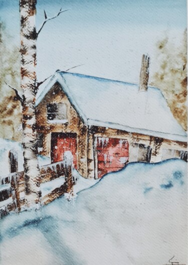 Schilderij getiteld "Barn Under The Snow…" door Clara Monnerot (L'Atelier Clara Del Sol), Origineel Kunstwerk, Aquarel