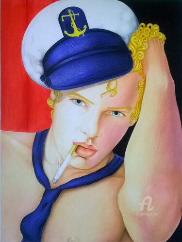 Pintura intitulada "uomo con cappello" por Clara De Santis, Obras de arte originais, Pastel