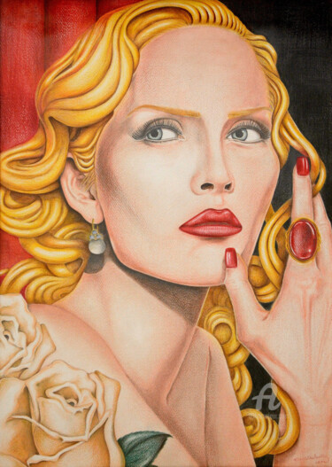 绘画 标题为“Donna con rubino” 由Clara De Santis, 原创艺术品, 粉彩