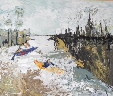 Painting titled "Kayak extrême" by Jocelyne Clara Bourdin (Clara), Original Artwork, Acrylic Mounted on Wood Stretcher frame