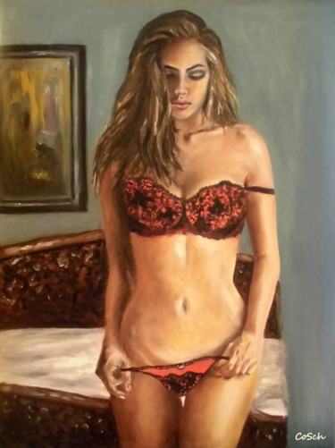 Schilderij getiteld "Red lingerie" door Corina Schröder, Origineel Kunstwerk, Olie