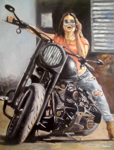 Schilderij getiteld "Love Harley" door Corina Schröder, Origineel Kunstwerk, Olie