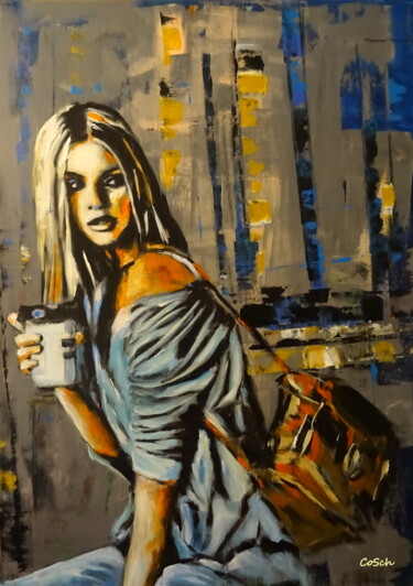 Malerei mit dem Titel "Coffee to go" von Corina Schröder, Original-Kunstwerk, Acryl