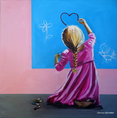 Painting titled "Heart drawing with…" by Corina Schröder, Original Artwork, Acrylic Mounted on Wood Stretcher frame