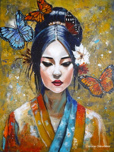 Malerei mit dem Titel "Madama Butterfly" von Corina Schröder, Original-Kunstwerk, Acryl Auf Keilrahmen aus Holz montiert