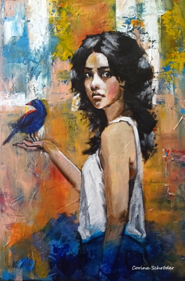 Painting titled "Blue bird" by Corina Schröder, Original Artwork, Acrylic Mounted on Wood Stretcher frame