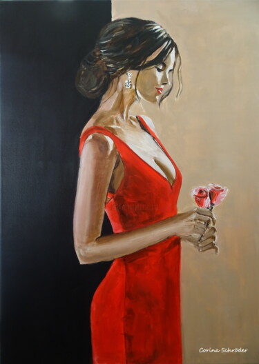 Painting titled "Lady in red" by Corina Schröder, Original Artwork, Acrylic Mounted on Wood Stretcher frame