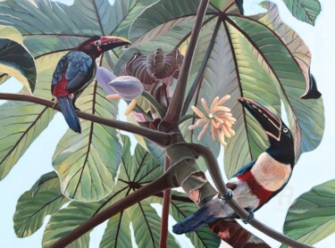 Malerei mit dem Titel "Aracari toucans on…" von Clarissa Patrianova Valaeys, Original-Kunstwerk, Acryl