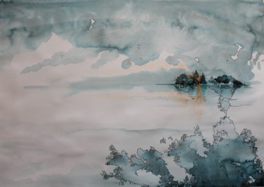 Pintura intitulada "Je serai ton île -…" por Clau Redier-Clément, Obras de arte originais, Aquarela Montado em Vidro