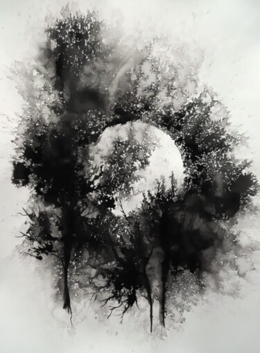 Pintura titulada "Pleine lune - encre…" por Clau Redier-Clément, Obra de arte original, Tinta