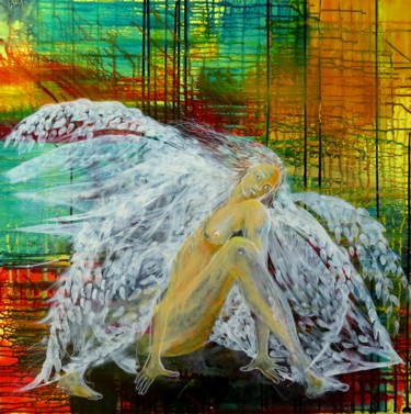 Painting titled "L'ange qui voulait…" by Clau Redier-Clément, Original Artwork, Ink Mounted on Wood Stretcher frame