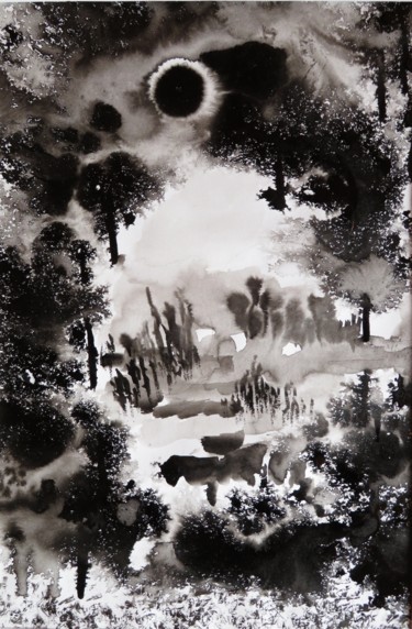 Peinture intitulée "Eclipse à l'auroch…" par Clau Redier-Clément, Œuvre d'art originale, Encre