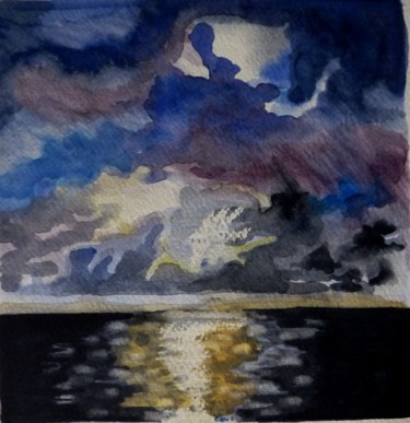 Painting titled "Eclaircie nocturne" by Clau Redier-Clément, Original Artwork, Watercolor Mounted on Other rigid panel