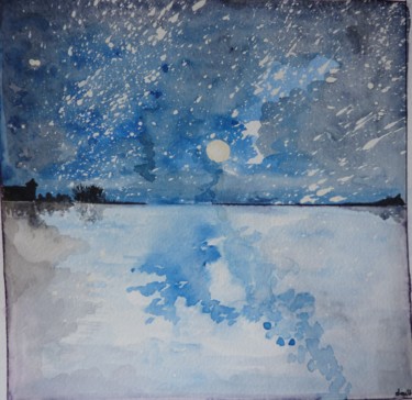 Pintura intitulada "Nocturne au lac gel…" por Clau Redier-Clément, Obras de arte originais, Aquarela