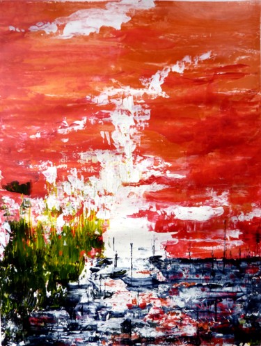 Peinture intitulée "Ciel rouge sur le p…" par Clau Redier-Clément, Œuvre d'art originale, Acrylique