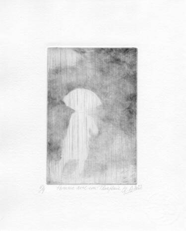 Druckgrafik mit dem Titel "homme avec parapluie" von Claude Amaouche, Original-Kunstwerk, Gravur