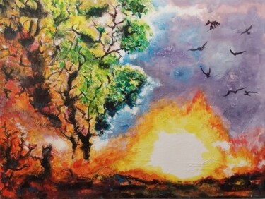 Ζωγραφική με τίτλο "Incendie" από Claude Berthel, Αυθεντικά έργα τέχνης, Ακρυλικό Τοποθετήθηκε στο Ξύλινο φορείο σκελετό