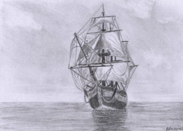 Σχέδιο με τίτλο "Le navire et la mer" από Claude Blaesius, Αυθεντικά έργα τέχνης, Μολύβι