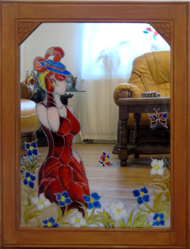 Schilderij getiteld "Le masque" door Claude Blaesius, Origineel Kunstwerk, Gebrandschilderd glas