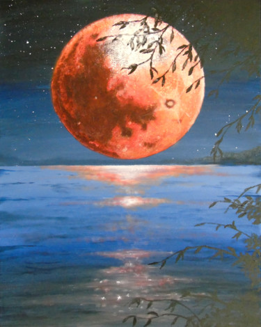 Painting titled "Lune Rouge" by Claude Blaesius, Original Artwork, Acrylic