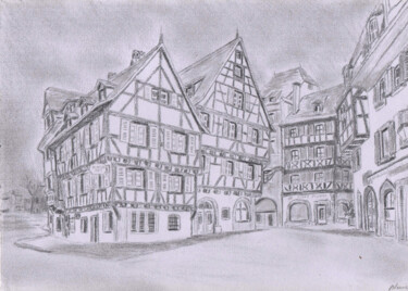 Drawing titled "Le vieux Colmar" by Claude Blaesius, Original Artwork, Pencil