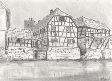 Tekening getiteld "Woerth village Alsa…" door Claude Blaesius, Origineel Kunstwerk, Potlood