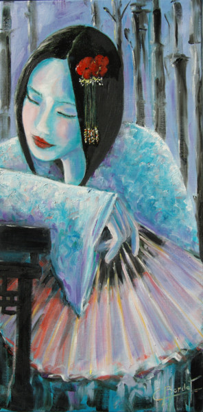 Peinture intitulée "Japonaise à l'évent…" par Claude Bordat, Œuvre d'art originale, Huile Monté sur Châssis en bois